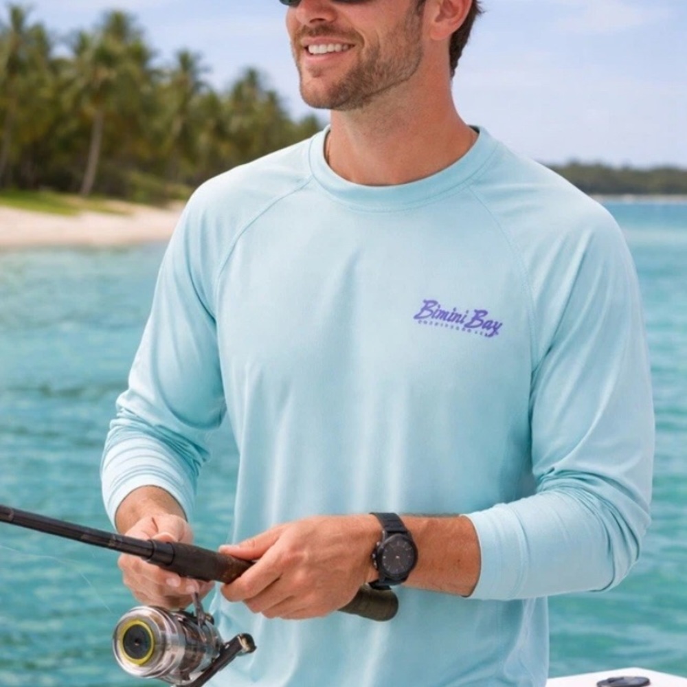 Bimini Bay Performance Fishing Shirt - Light Aqua with Purple Logo